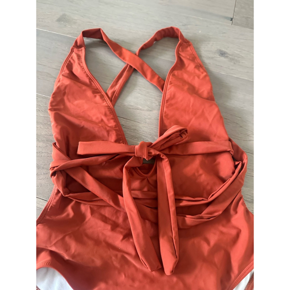 One Piece Plunge Knot Front Rust Swimsuit Size Small - Picture 4 of 7